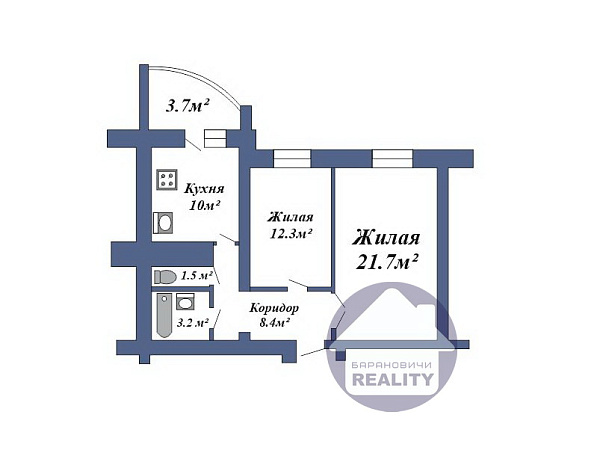 2-к квартира, 60 кв.м.