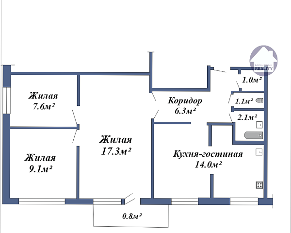 4-к квартира, 59 кв.м.