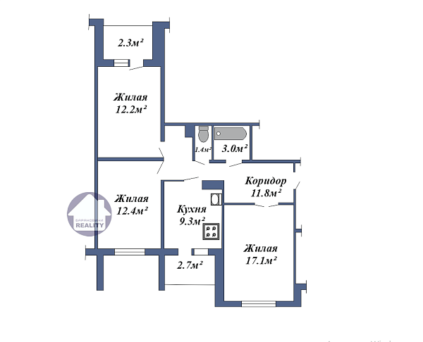 3-к квартира, 72 кв.м.