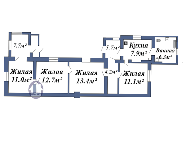 4-к квартира, 72 кв.м.