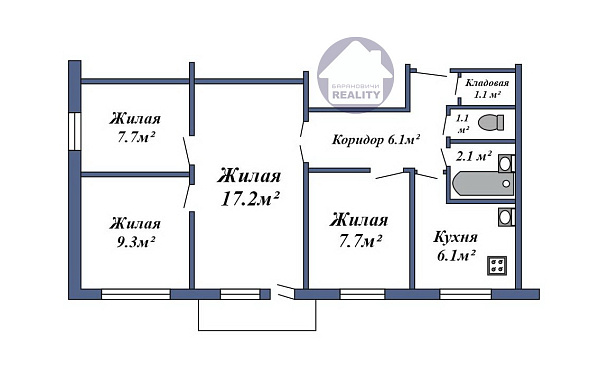 4-к квартира, 59 кв.м.