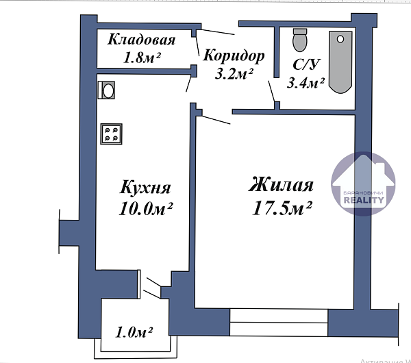 1-к квартира, 36 кв.м.